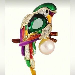 Colorful Green Parrot Brooch with Pearl Accent